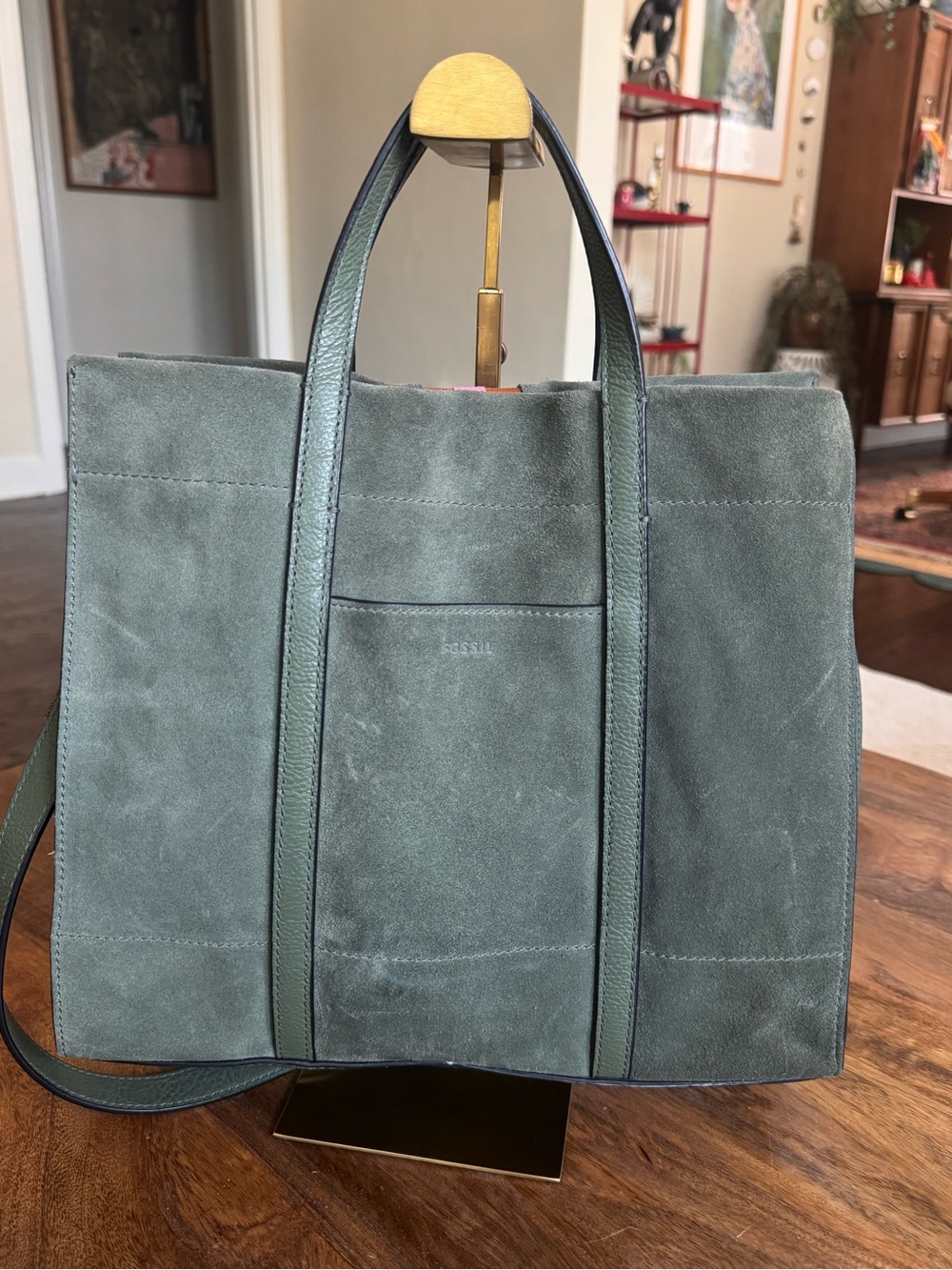 Fossil Carmen Shopper Green Suede Pink Leather Stripes Crossbody Top Handle Tote - Picture 4 of 14
